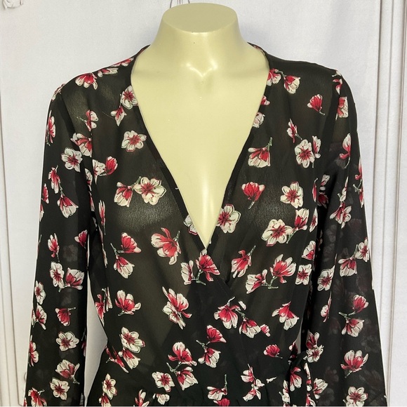 Lark & Ro Black Semi Sheer Long Sleeve Side Tie Wrap Dress Flirty & Flowing Sm - Picture 3 of 8